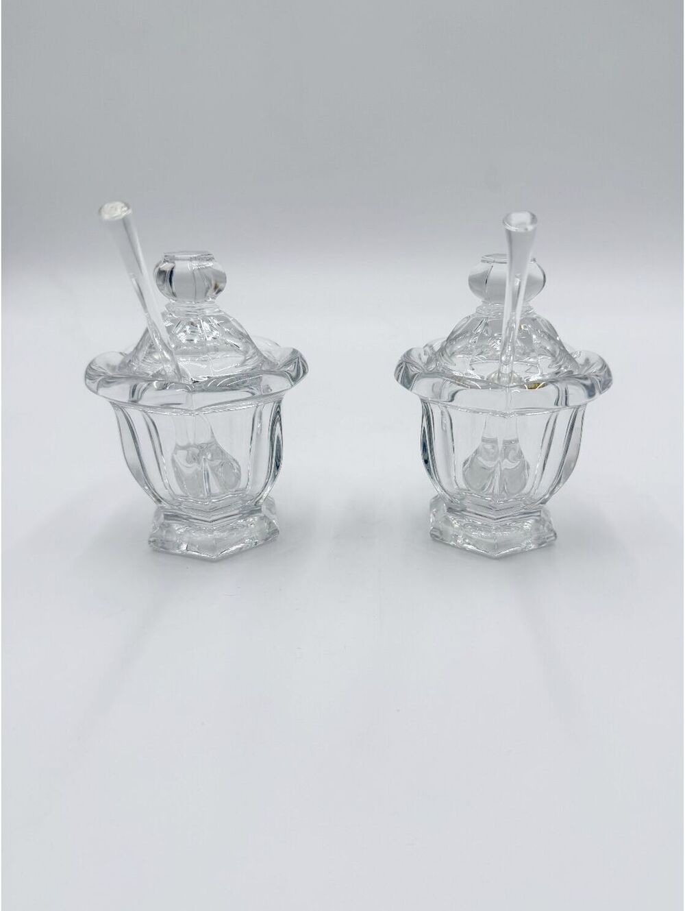 Pair of Baccarat Crystal Harcourt Missouri Jam Jars Lidded with Spoons